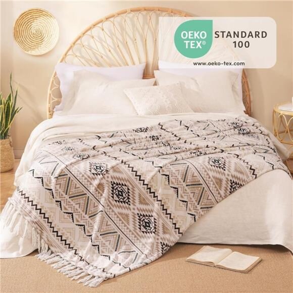 Boho Throw Blanket - Beige and Gray Decorative Blankets with Tassel - Picture 7 of 8